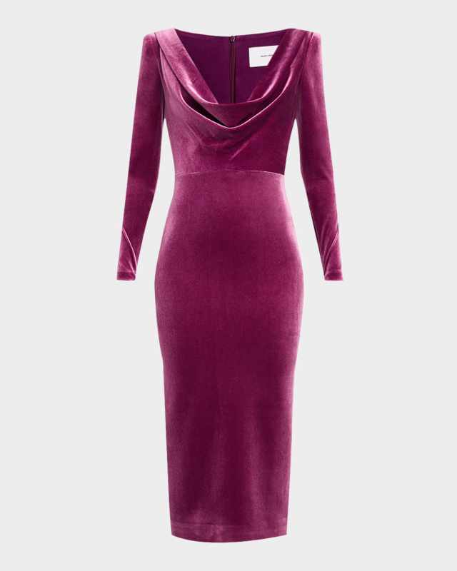 Plunging Draped Long-Sleeve Velvet Midi Dress